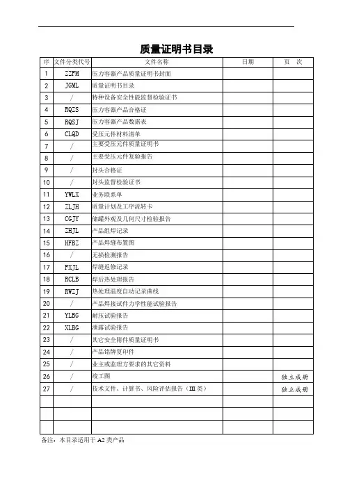 质量证明书目录