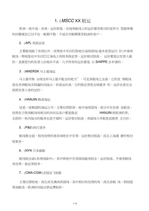 各个船公司的航线,各航线的主要港口
