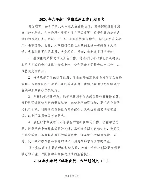 2024年九年级下学期班级工作计划例文（5篇）