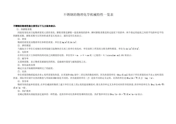不锈钢的物理化学机械特性一览表