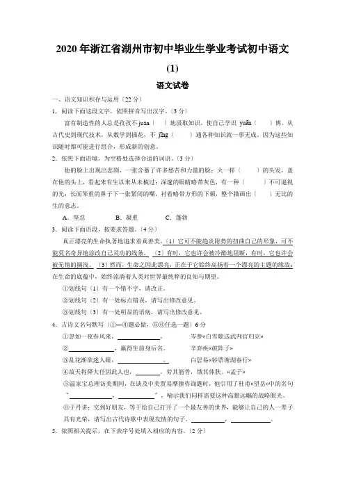 2020年浙江省湖州市初中毕业生学业考试初中语文 (1)