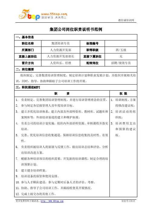 集团培训专员岗位职责说明书