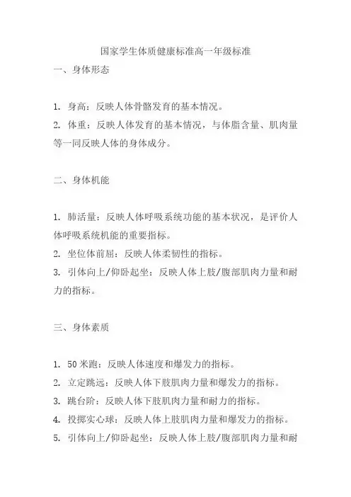 国家学生体质健康标准高一年级标准