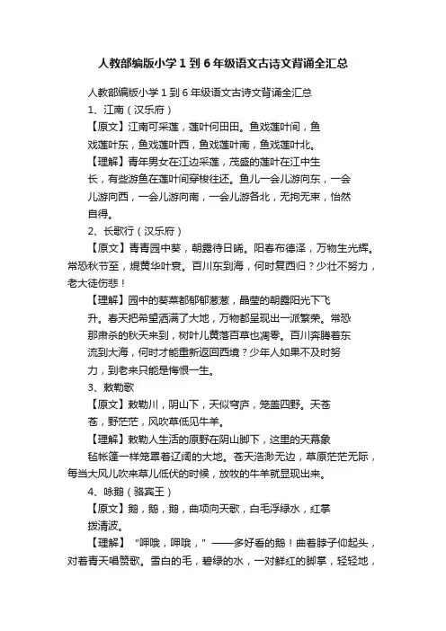 人教部编版小学1到6年级语文古诗文背诵全汇总