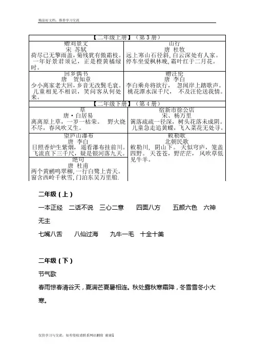 最新人教版语文二年级古诗词及日积月累