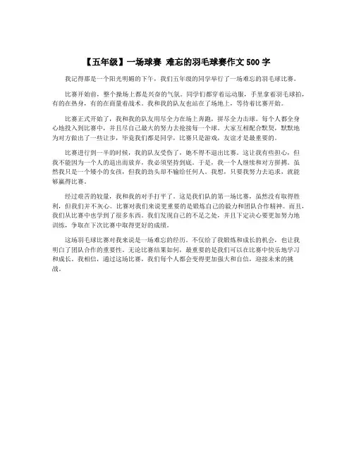 【五年级】一场球赛 难忘的羽毛球赛作文500字