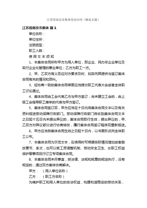 江苏省南京市集体劳动合同（精选3篇）
