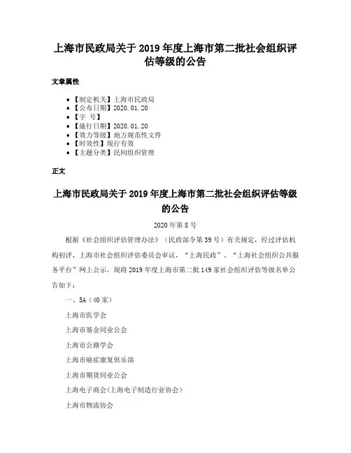上海市民政局关于2019年度上海市第二批社会组织评估等级的公告