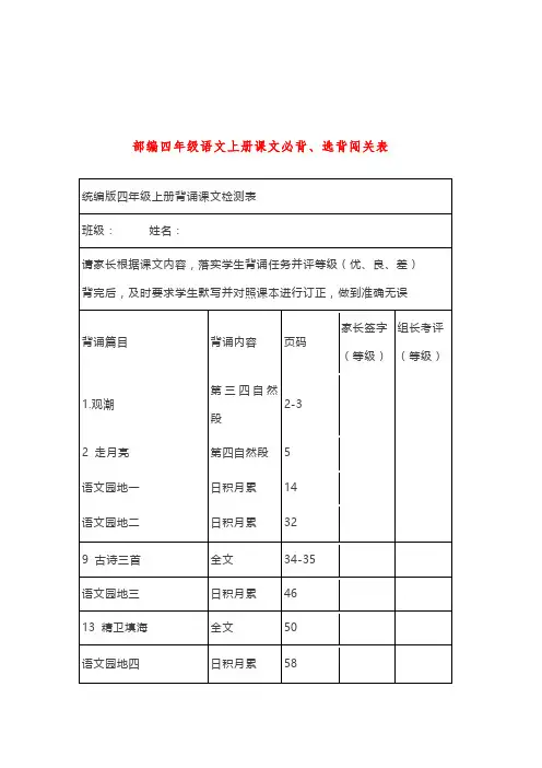 2022年部编版四年级语文全册(上册+下册)课文背诵梳理+闯关表
