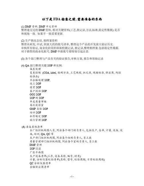 FDA检查前须准备的材料