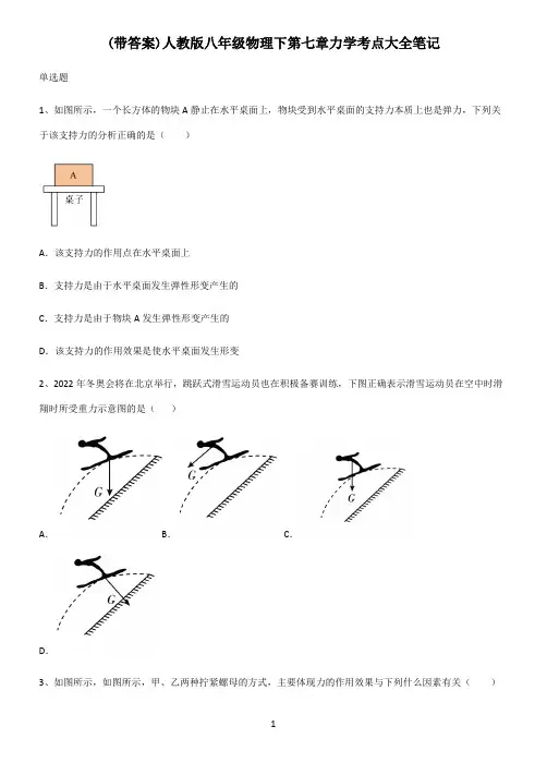 (带答案)人教版八年级物理下第七章力学考点大全笔记