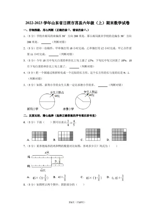 2022-2023学年山东省日照市莒县六年级上期末数学试卷及答案解析