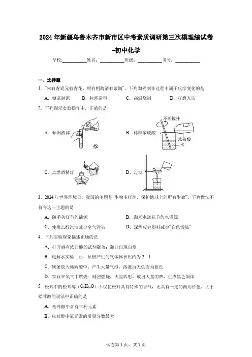 2024年新疆乌鲁木齐市新市区中考素质调研第三次模理综试卷-初中化学