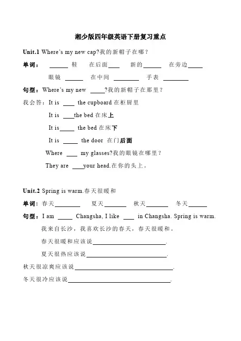 湘少版英语四年级下册复习重点