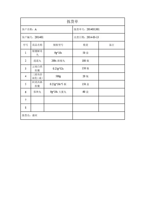 【2017年整理】拣货单分货单缺货单