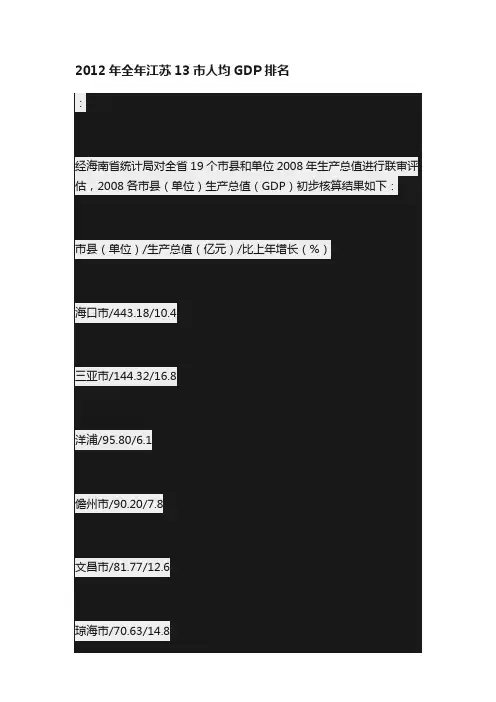2012年全年江苏13市人均GDP排名