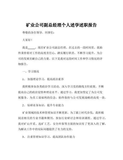 矿业公司副总经理个人述学述职报告
