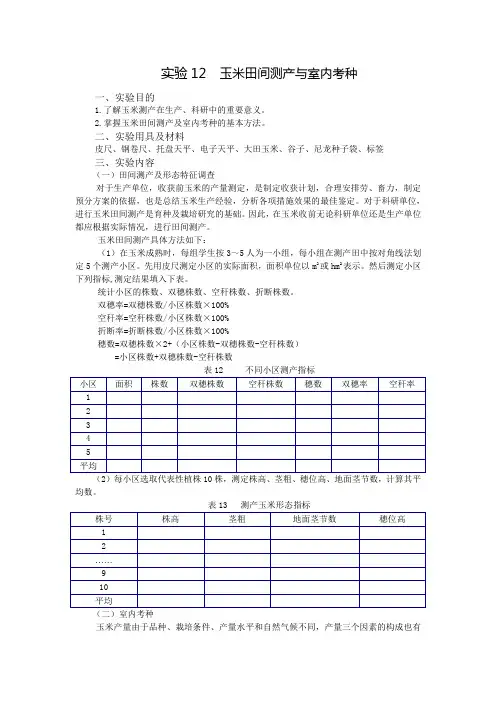 实验12  玉米田间测产与室内考种
