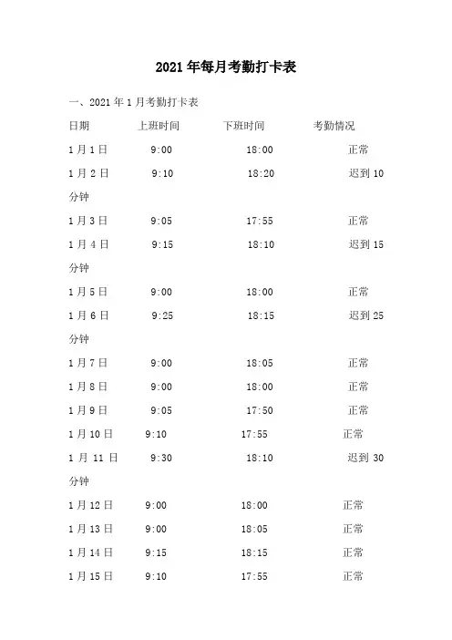 2021年每月考勤打卡表