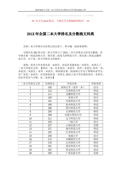 2019-201X年全国二本大学排名及分数线文科类-精选word文档 (8页)