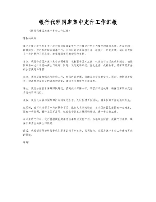 银行代理国库集中支付工作汇报