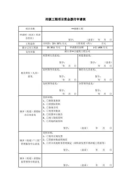 村级工程项目资金拨付申请表
