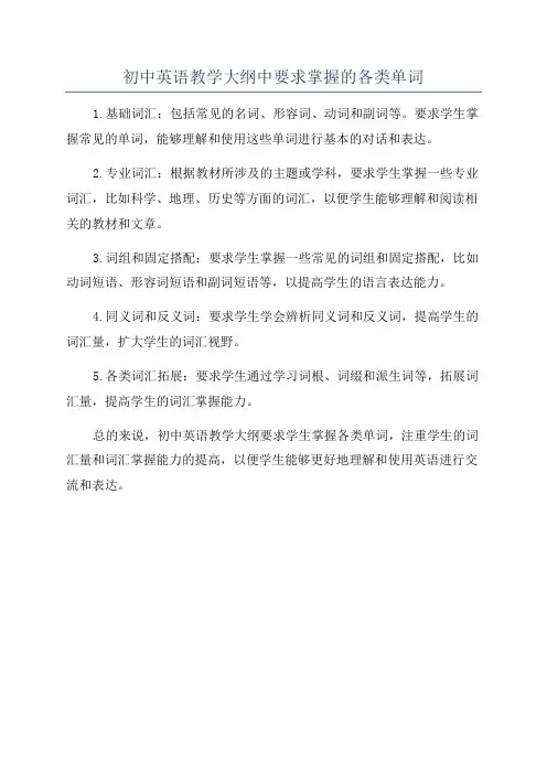 初中英语教学大纲中要求掌握的各类单词