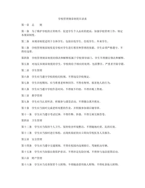 学校管理规章制度目录表