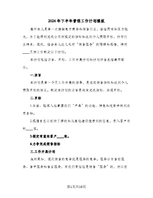 2024年下半年营销工作计划模板（五篇）