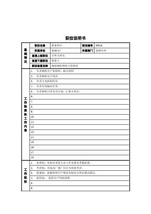 炼钢分厂准备班长职位说明书样本