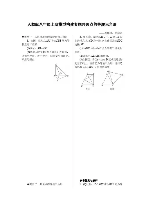 人教版八年级上册模型构建专题共顶点的等腰三角形