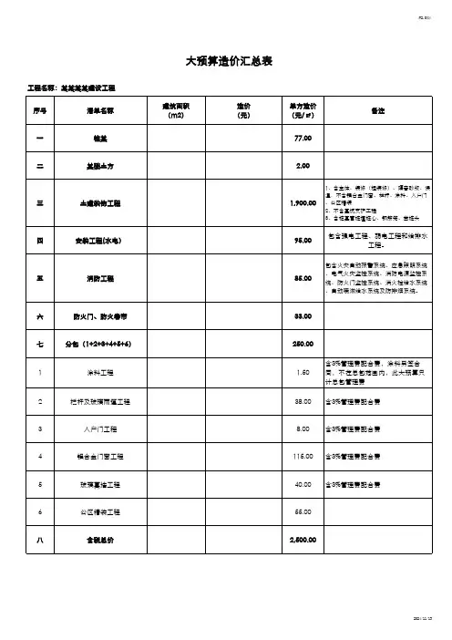 大预算造价汇总表