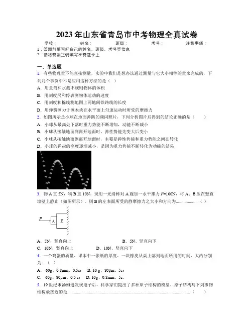 2023年山东省青岛市中考物理全真试卷及解析