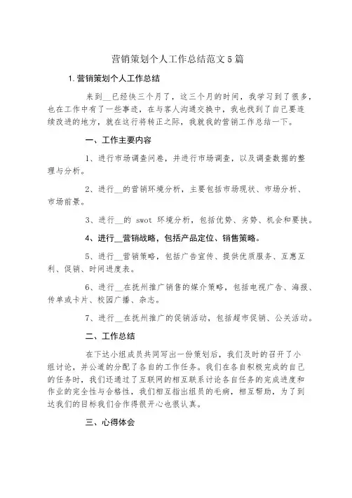 营销策划个人工作总结范文5篇
