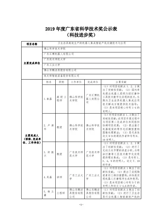 2019年度广东省科学技术奖公示表