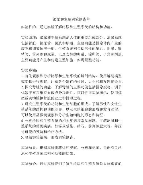 泌尿和生殖实验报告单