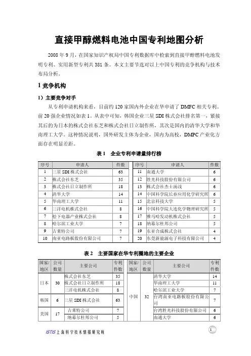 直接甲醇燃料电池中国专利地图分析