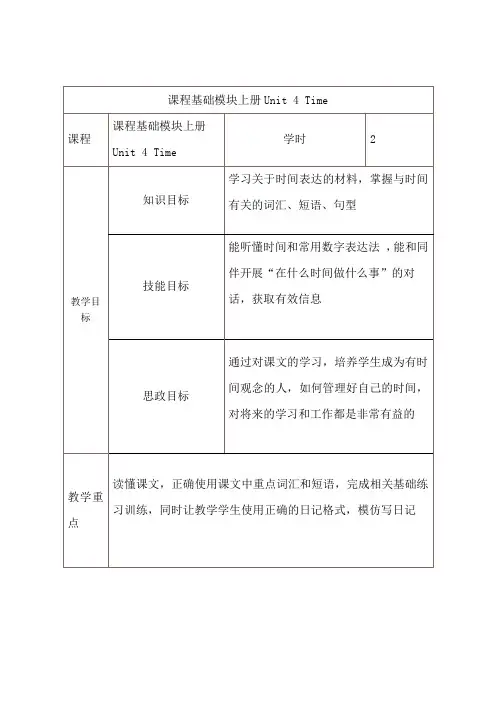 Unit 4 Time 教案 中职英语基础模块上