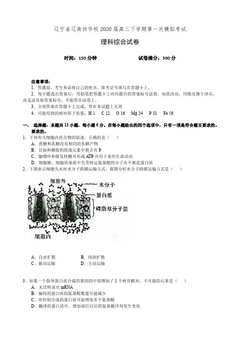 辽宁省辽南协作校2020届高三下学期第一次模拟考试理科综合试卷(有答案)