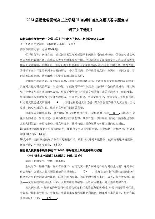 2024届湖北省区域高三上学期11月期中语文真题专题复习—— 语言文字运用Ⅰ(含解析)