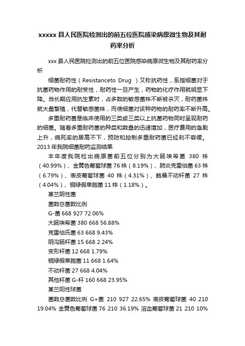 xxxxx县人民医院检测出的前五位医院感染病原微生物及其耐药率分析