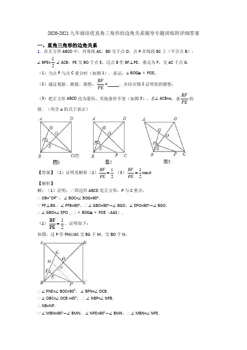2020-2021九年级培优直角三角形的边角关系辅导专题训练附详细答案