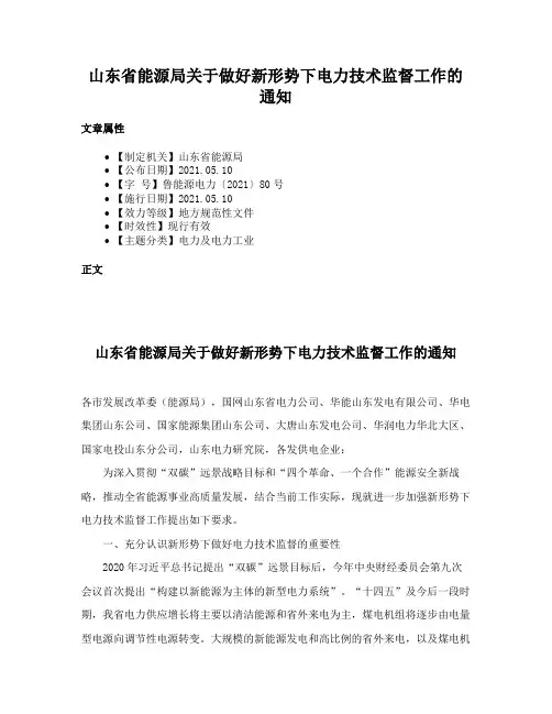 山东省能源局关于做好新形势下电力技术监督工作的通知