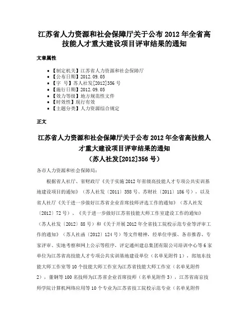 江苏省人力资源和社会保障厅关于公布2012年全省高技能人才重大建设项目评审结果的通知