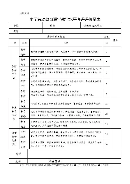 小学劳动教育课堂教学水平评价量表