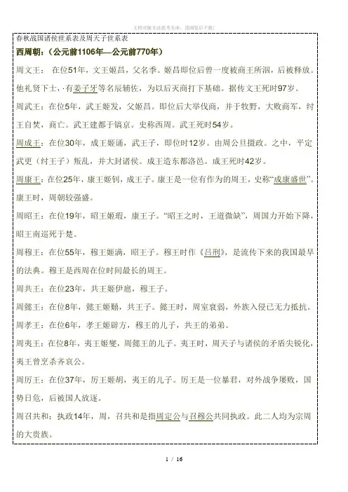 春秋战国诸侯世系表及周天子世系表