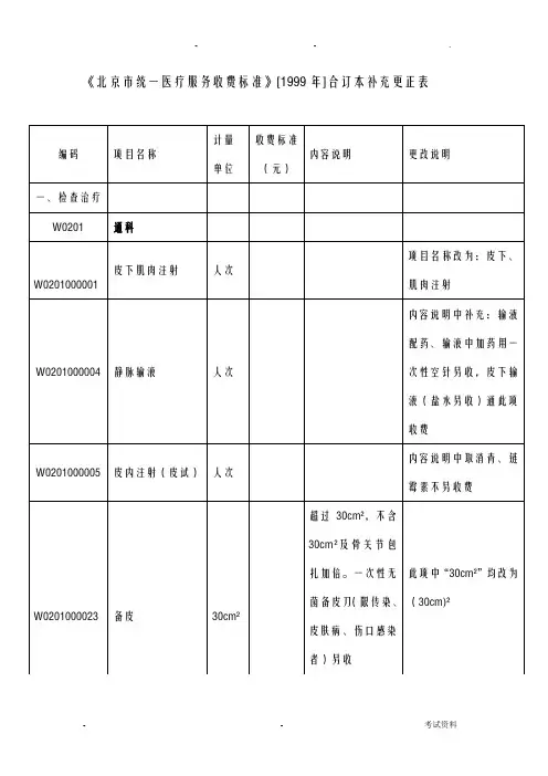 北京市统一医疗服务收费标准