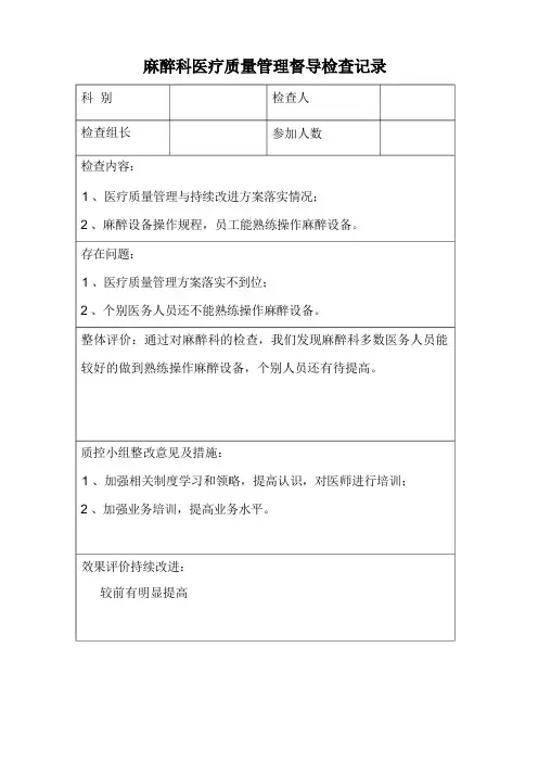 2022麻醉科医疗质量安全督导检查记录