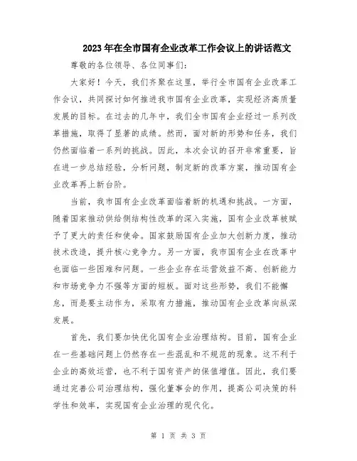 2023年在全市国有企业改革工作会议上的讲话范文
