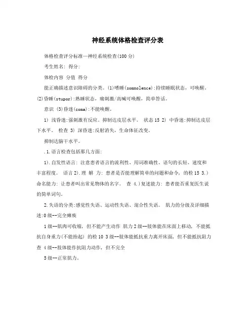 神经系统体格检查评分表